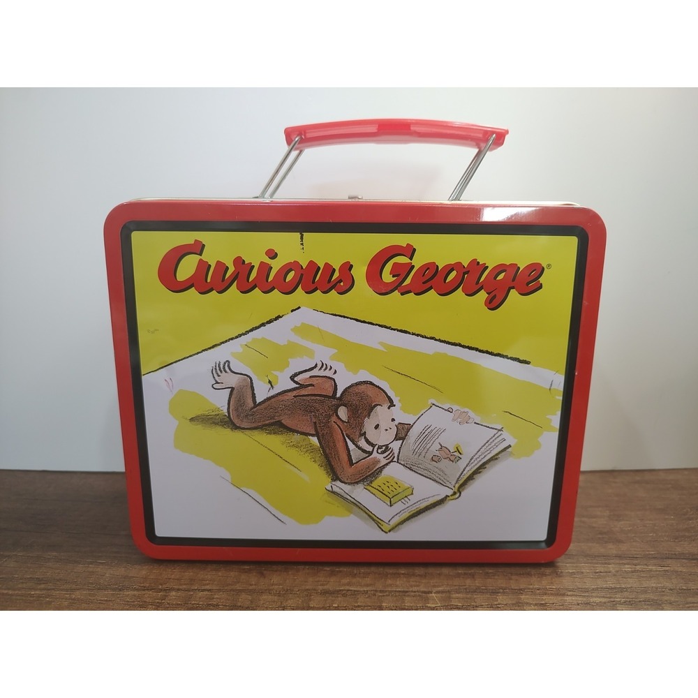 Curious George Reading Book, Metal Lunchbox with Handle,7.75" x 6.25" x 2.95"
